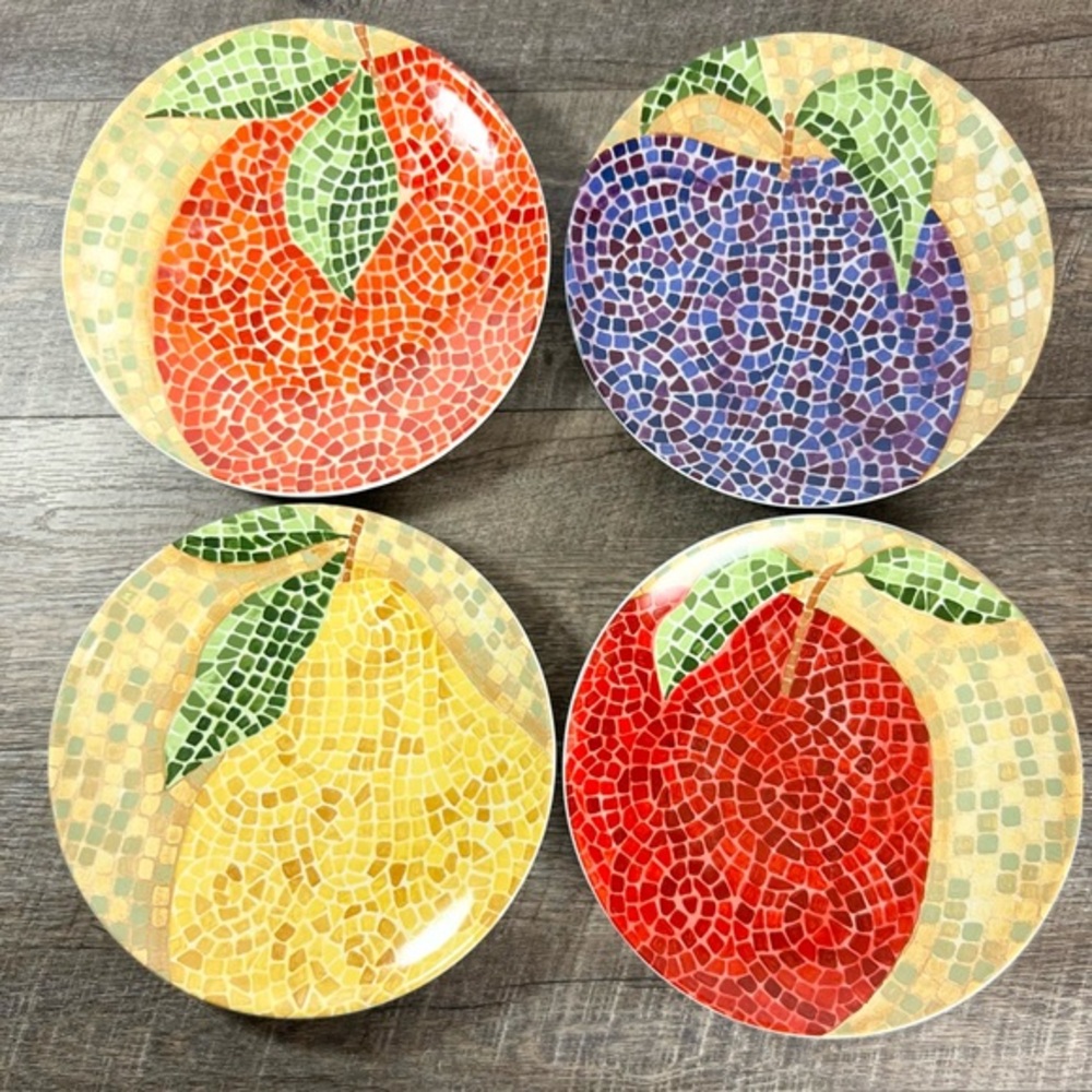 Pier One mosaic fruit plates stoneware 8” apple pear plum orange